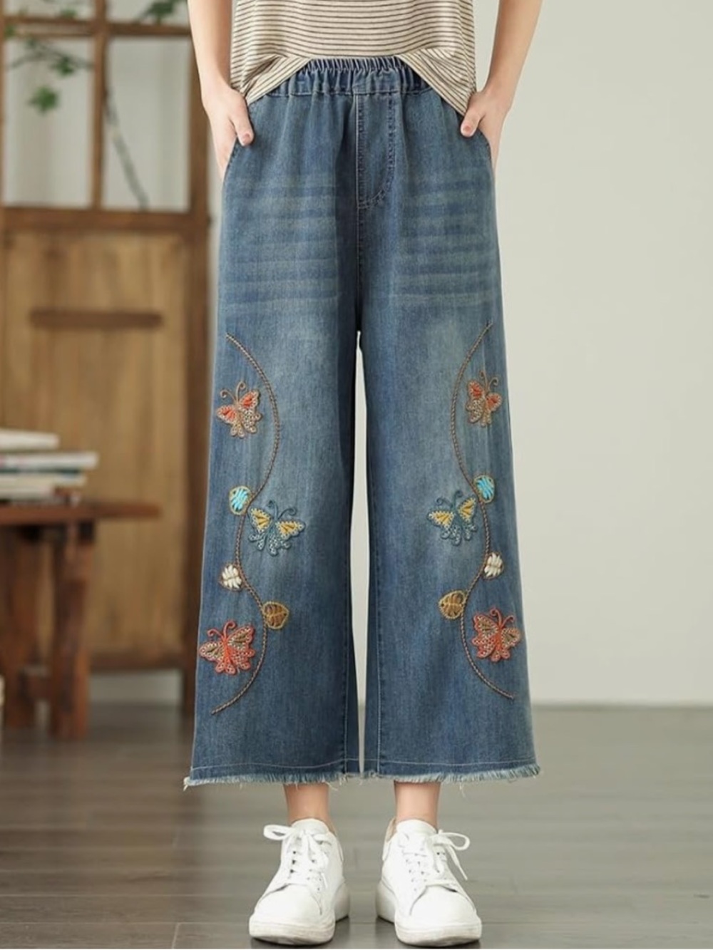 Butterfly Embroidered Wide-Leg Blue Denim Jeans for Women
